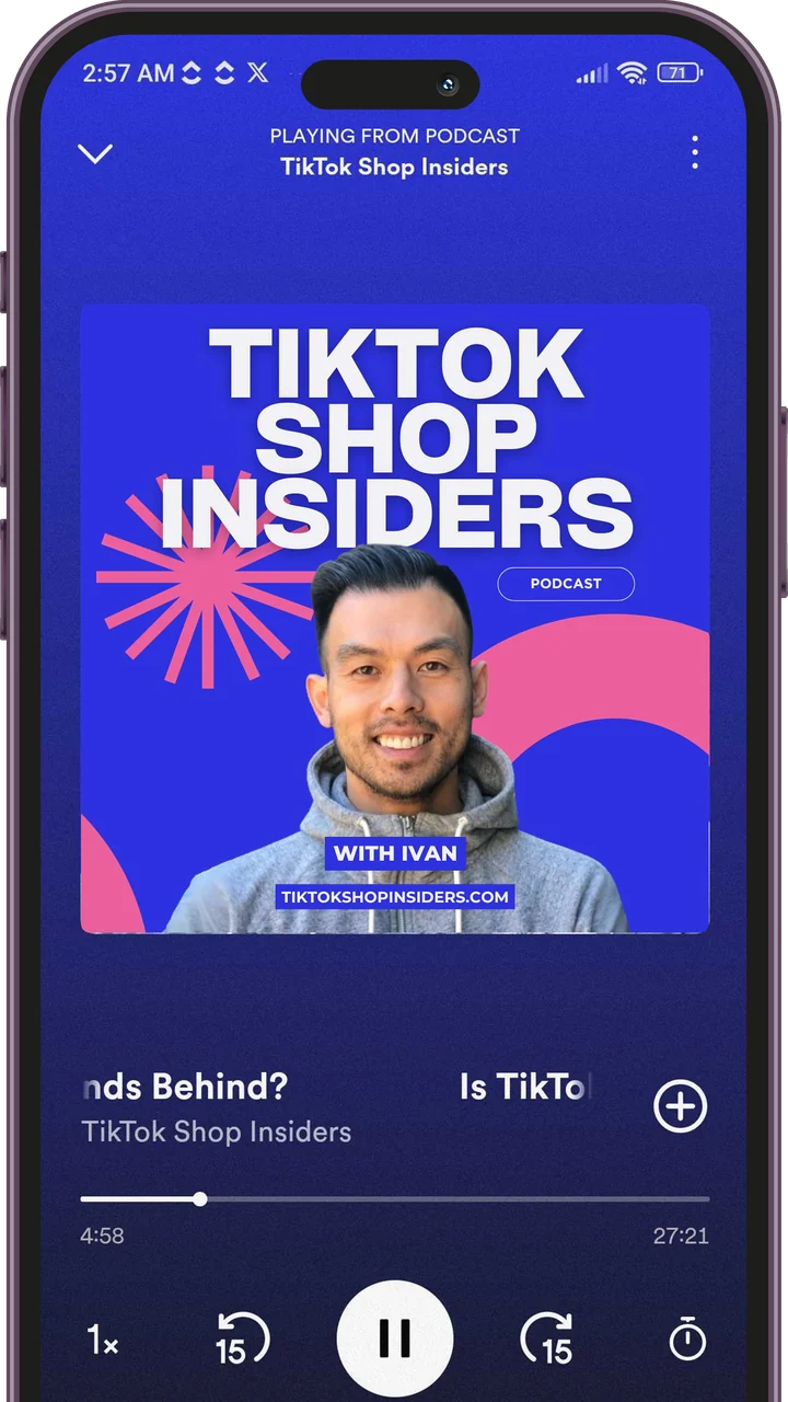 The TikTok Shop Insiders podcast playing on Spotify, with Ivan on the cover